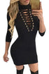 Sexy Black Grommet Lace Up Front Sleeved Bodycon Dress